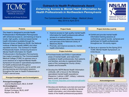 Outreach to Health Professionals Award Enhancing Access to Mental Health Information for Health Professionals in Northeastern Pennsylvania The Commonwealth.