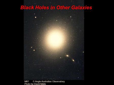 Black Holes in Other Galaxies. The giant elliptical galaxy M87 is located 50 million light-years away in the constellation Virgo. By measuring the rotational.