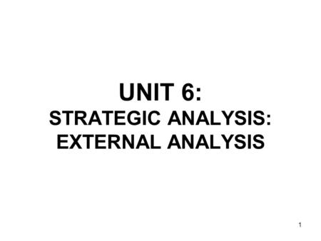 1 UNIT 6: STRATEGIC ANALYSIS: EXTERNAL ANALYSIS. 2 Two sets of factors primarily shape a company’s strategy: -External factors (macro environment, industry,