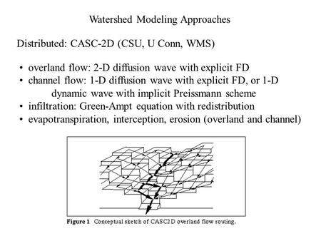 Watershed Modeling Approaches Distributed: CASC-2D (CSU, U Conn, WMS) overland flow: 2-D diffusion wave with explicit FD channel flow: 1-D diffusion wave.
