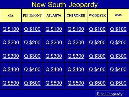 New South Jeopardy Final Jeopardy GAPIEDMONT ATLANTACHEROKEE WOODSTK WMS Q $100 Q $200 Q $300 Q $400 Q $500.