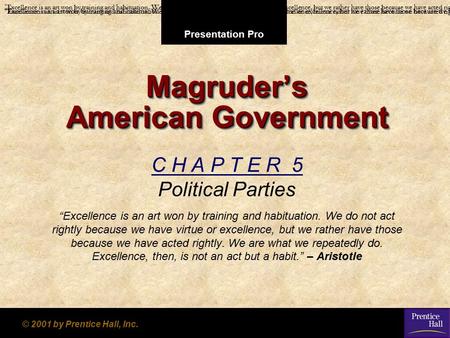 Presentation Pro © 2001 by Prentice Hall, Inc. Magruder’s American Government C H A P T E R 5 Political Parties “Excellence is an art won by training and.