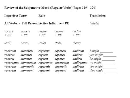 Review of the Subjunctive Mood (Regular Verbs)(Pages 319 – 320) Imperfect TenseRuleTranslation All Verbs - Full Present Active Infinitive + PE(might) vocaremonereregerecapere.