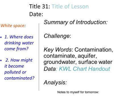 Title 31: Title of Lesson Date: White space: 1. Where does drinking water come from? 2. How might it become polluted or contaminated? Summary of Introduction: