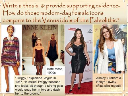 Write a thesis & provide supporting evidence- How do these modern-day female icons compare to the Venus idols of the Paleolithic? “Twiggy,” explained Vogue.