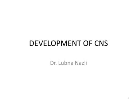 DEVELOPMENT OF CNS Dr. Lubna Nazli 1. Objectives Development of neural tube, its divisions and derivatives. Histogenesis of neural tube Development of.