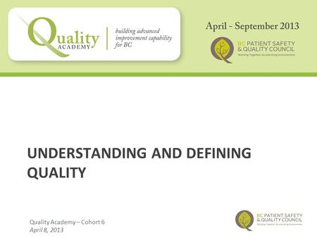 UNDERSTANDING AND DEFINING QUALITY Quality Academy – Cohort 6 April 8, 2013.