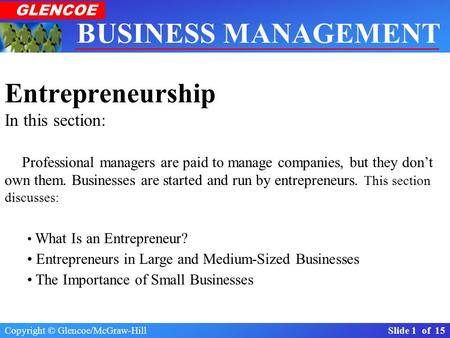 Copyright © Glencoe/McGraw-Hill Slide 1 of 15 BUSINESS MANAGEMENT Real-World Applications & Connections GLENCOE Section 1.1 The Importance of Business.