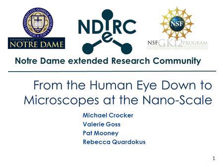 Notre Dame extended Research Community 1 From the Human Eye Down to Microscopes at the Nano-Scale Michael Crocker Valerie Goss Pat Mooney Rebecca Quardokus.