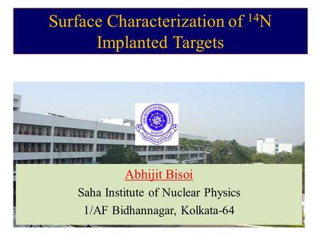 Surface Characterization of 14 N Implanted Targets Abhijit Bisoi Saha Institute of Nuclear Physics 1/AF Bidhannagar, Kolkata-64.