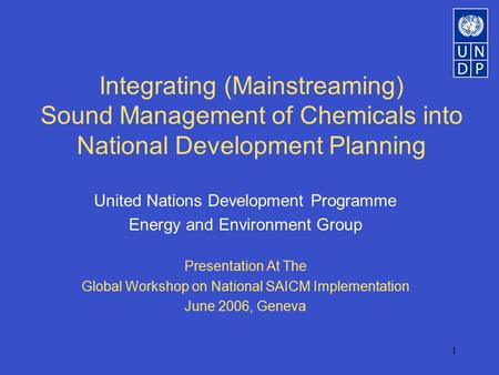 1 Integrating (Mainstreaming) Sound Management of Chemicals into National Development Planning United Nations Development Programme Energy and Environment.