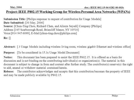 Doc.: IEEE 802.15-06-0282-00-003c Submission Philips May, 2006 Slide 1 Project: IEEE P802.15 Working Group for Wireless Personal Area Networks (WPANs)