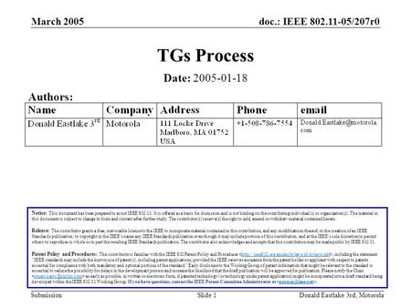 Doc.: IEEE 802.11-05/207r0 Submission March 2005 Donald Eastlake 3rd, MotorolaSlide 1 TGs Process Notice: This document has been prepared to assist IEEE.
