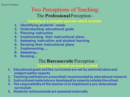 Florence/Workshop Two Perceptions of Teaching: The Professional Perception - Teaching is a complex process which includes: 1. Identifying students' needs.