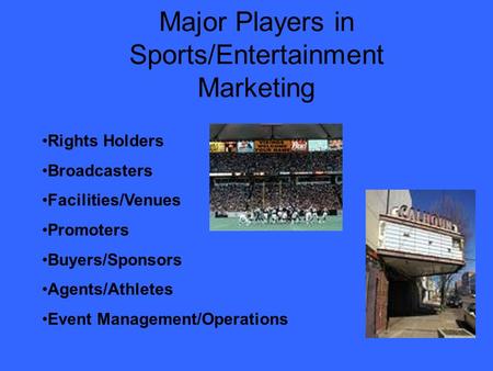 Major Players in Sports/Entertainment Marketing Rights Holders Broadcasters Facilities/Venues Promoters Buyers/Sponsors Agents/Athletes Event Management/Operations.