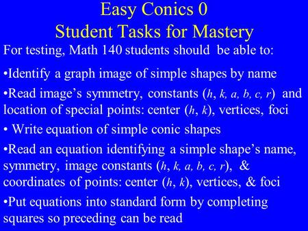 Easy Conics 0 Student Tasks for Mastery For testing, Math 140 students should be able to: Identify a graph image of simple shapes by name Read image’s.