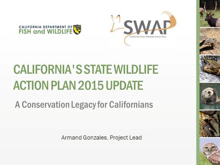 CALIFORNIA'S STATE WILDLIFE ACTION PLAN 2015 UPDATE A Conservation Legacy for Californians Armand Gonzales, Project Lead.