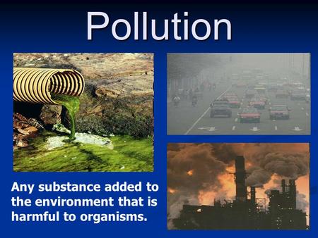 Pollution Any substance added to the environment that is harmful to organisms.