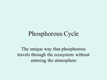 Phosphorous Cycle The unique way that phosphorous travels through the ecosystem without entering the atmosphere.