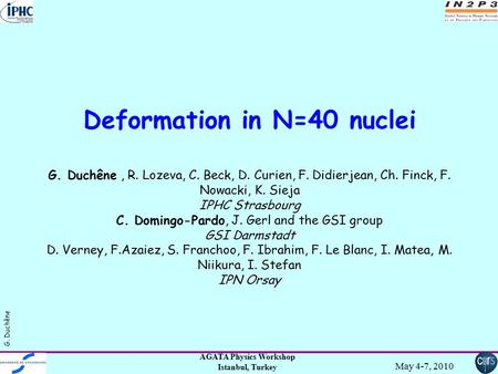 AGATA Physics Workshop Istanbul, Turkey May 4-7, 2010 G. Duchêne Deformation in N=40 nuclei G. Duchêne, R. Lozeva, C. Beck, D. Curien, F. Didierjean, Ch.