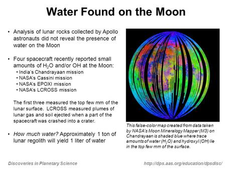 Discoveries in Planetary Sciencehttp://dps.aas.org/education/dpsdisc/ Water Found on the Moon Analysis of lunar rocks collected by Apollo astronauts did.