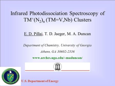 Infrared Photodissociation Spectroscopy of TM + (N 2 ) n (TM=V,Nb) Clusters E. D. Pillai, T. D. Jaeger, M. A. Duncan Department of Chemistry, University.