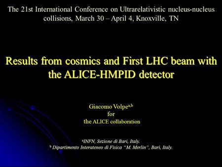 The 21st International Conference on Ultrarelativistic nucleus-nucleus collisions, March 30 – April 4, Knoxville, TN Results from cosmics and First LHC.