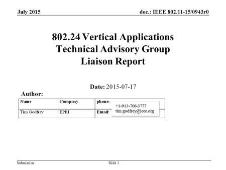 Doc.: IEEE 802.11-15/0943r0 Submission July 2015 802.24 Vertical Applications Technical Advisory Group Liaison Report Date: 2015-07-17 Slide 1 Author: