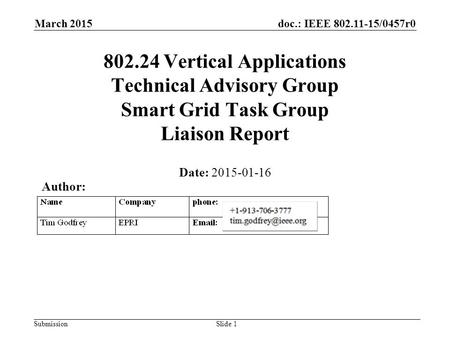 Doc.: IEEE 802.11-15/0457r0 Submission March 2015 802.24 Vertical Applications Technical Advisory Group Smart Grid Task Group Liaison Report Date: 2015-01-16.