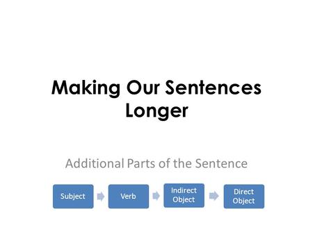 Making Our Sentences Longer Additional Parts of the Sentence SubjectVerb Indirect Object Direct Object.