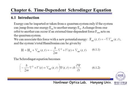 Nonlinear Optics Lab. Hanyang Univ. Chapter 6. Time-Dependent Schrodinger Equation 6.1 Introduction Energy can be imparted or taken from a quantum system.