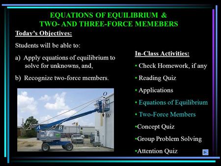 EQUATIONS OF EQUILIBRIUM & TWO- AND THREE-FORCE MEMEBERS In-Class Activities: Check Homework, if any Reading Quiz Applications Equations of Equilibrium.