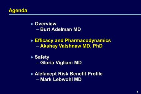 1 Agenda  Overview –Burt Adelman MD  Efficacy and Pharmacodynamics –Akshay Vaishnaw MD, PhD  Safety –Gloria Vigliani MD  Alefacept Risk Benefit Profile.