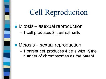 Cell Reproduction n Mitosis – asexual reproduction –1 cell produces 2 identical cells n Meiosis – sexual reproduction –1 parent cell produces 4 cells with.