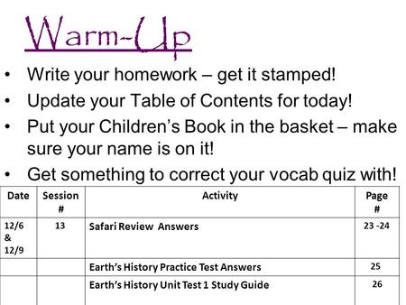 Warm-Up Write your homework – get it stamped! Update your Table of Contents for today! Put your Children’s Book in the basket – make sure your name is.