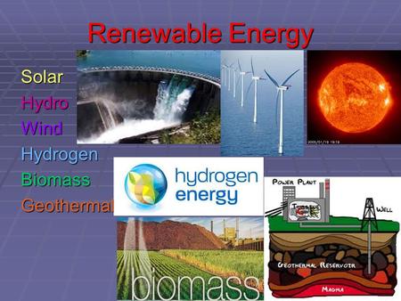 Renewable Energy SolarHydroWindHydrogenBiomassGeothermal.