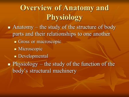Overview of Anatomy and Physiology Anatomy – the study of the structure of body parts and their relationships to one another Anatomy – the study of the.