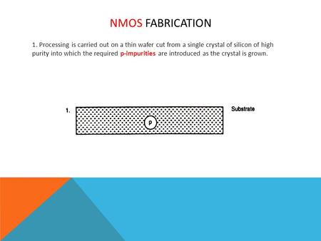 NMOS FABRICATION 1. Processing is carried out on a thin wafer cut from a single crystal of silicon of high purity into which the required p-impurities.