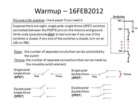 Warmup – 16FEB2012 This one is for practice. I have paper if you need it. Suppose there are eight, single-pole, single-throw (SPST) switches connected.