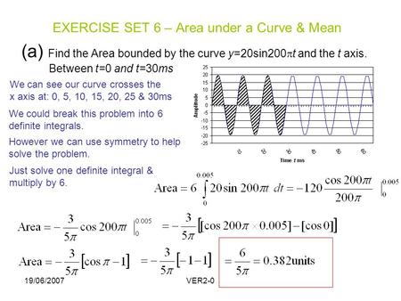 19/06/2007VER2-0 (a) Find the Area bounded by the curve y=20sin200  t and the t axis. Between t=0 and t=30ms EXERCISE SET 6 – Area under a Curve & Mean.
