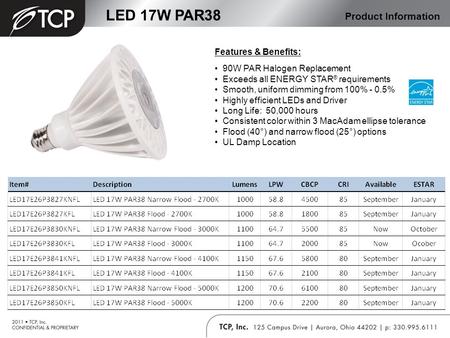 LED 17W PAR38 Product Information Features & Benefits: 90W PAR Halogen Replacement Exceeds all ENERGY STAR ® requirements Smooth, uniform dimming from.