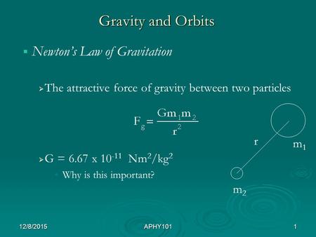 Gravity and Orbits   Newton’s Law of Gravitation   The attractive force of gravity between two particles   G = 6.67 x 10 -11 Nm 2 /kg 2 Why is this.