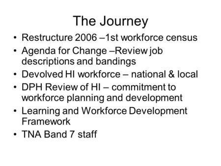 The Journey Restructure 2006 –1st workforce census Agenda for Change –Review job descriptions and bandings Devolved HI workforce – national & local DPH.