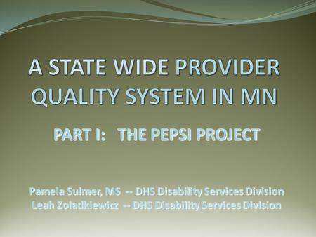 PART I: THE PEPSI PROJECT Pamela Sulmer, MS -- DHS Disability Services Division Leah Zoladkiewicz -- DHS Disability Services Division.