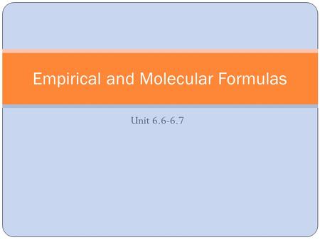 Unit 6.6-6.7 Empirical and Molecular Formulas. Empirical Formulas Consists of the symbols for the elements combined in a compound, with subscripts showing.