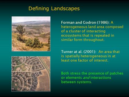 Defining Landscapes Forman and Godron (1986): A