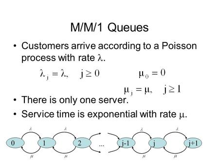 M/M/1 Queues Customers arrive according to a Poisson process with rate. There is only one server. Service time is exponential with rate . 0 12 j-1 jj+1...