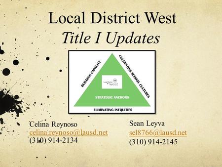 Local District West Title I Updates Celina Reynoso (310) 914-2134 Sean Leyva (310) 914-2145.