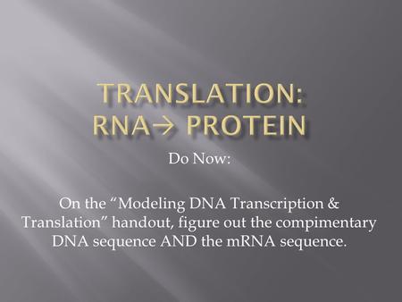 Do Now: On the “Modeling DNA Transcription & Translation” handout, figure out the compimentary DNA sequence AND the mRNA sequence.