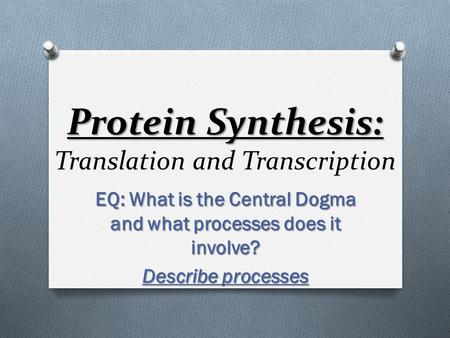 Protein Synthesis: Protein Synthesis: Translation and Transcription EQ: What is the Central Dogma and what processes does it involve? Describe processes.